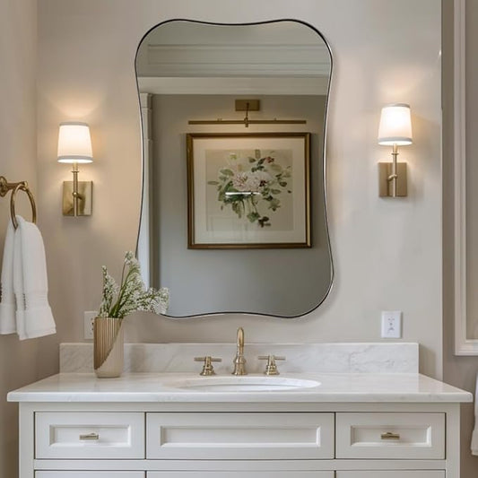 ANDY STAR 24x36 Inch Brushed Nickel Bathroom Mirror, Modern Scalloped Wall Mirror with Unique Notched Edges Design in1 Inch Stainless Steel Frame Wall Mounted Horizontal/Vertical for Home Decor