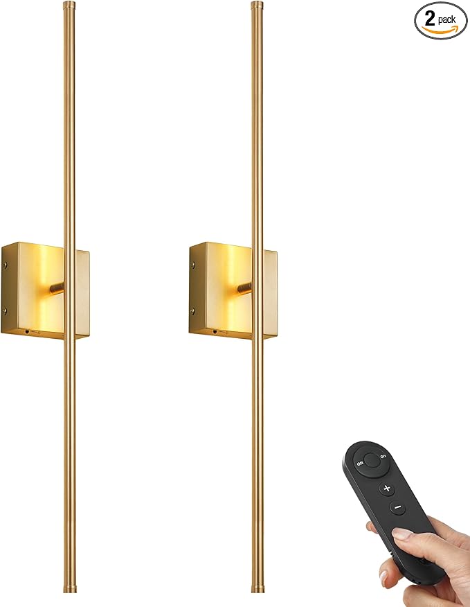 Battery Operated Wall Sconces with Remote Control, Dimmable Wall Sconces Set of Two, 350°Rotate, 3000K LED Gold Wireless Wall Light for Living Room, Hallway, Bedroom, 40.1 Inch (2 Pack)