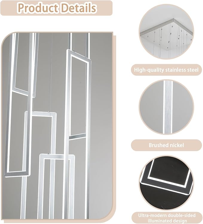 6-Rings Modern Chandelier,H138 Rectangle Chandeliers for Staircase,LED Dimmable High Ceiling Chandeliers Large Contemporary Chandelier for Villa Foyer Chrome