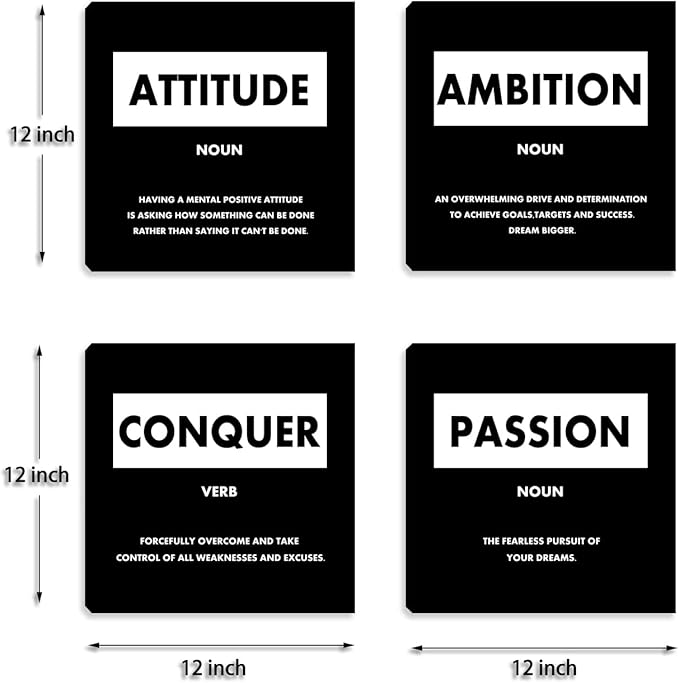 Motivational Canvas Wall Art - Home Office & Living Room Wall Decor - Black Inspirational Design - Framed Art Prints - 12X12 Inch (4 Pack)