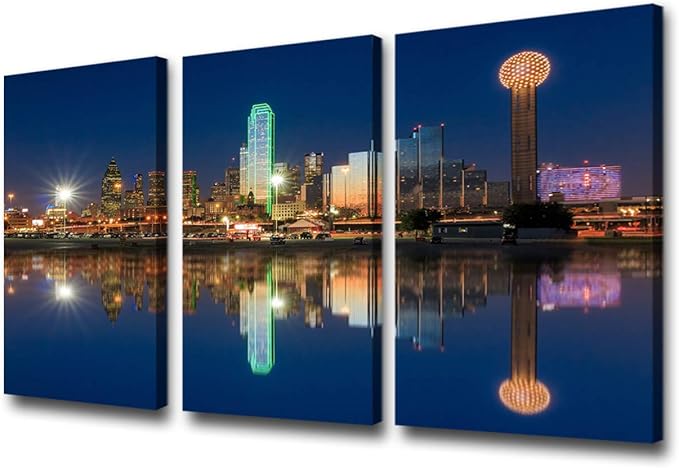 3 Piece Dallas Skyscrapers Reflected in Trinity River at Sunset Giclee Canvas Prints Modern Stretched and Framed Art work Cityscape Pictures Paintings on Canvas Wall Art for Bedroom Home Decorations
