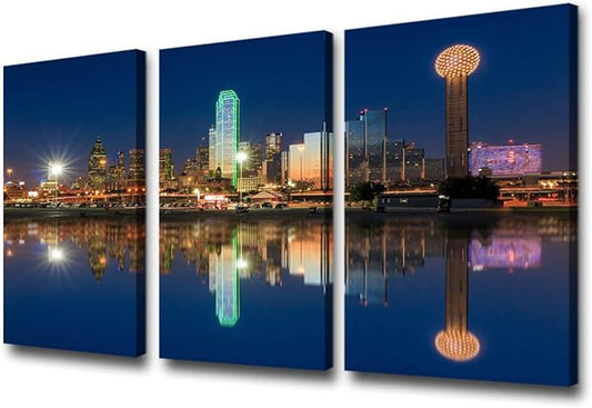 3 Piece Dallas Skyscrapers Reflected in Trinity River at Sunset Giclee Canvas Prints Modern Stretched and Framed Art work Cityscape Pictures Paintings on Canvas Wall Art for Bedroom Home Decorations