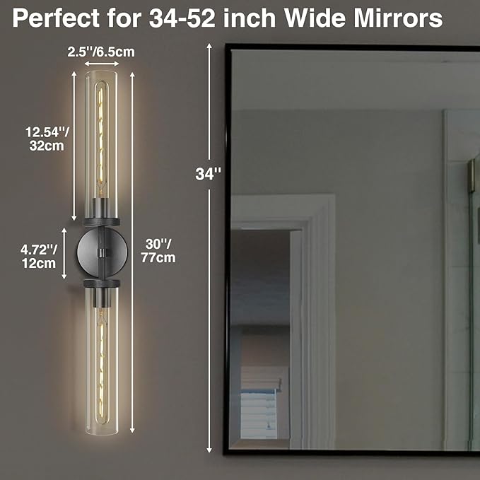 Black Wall Sconce, 30" Modern Knurled Wall Lighting with 2 Clear Glass Tubes, Double Vanity Light Fixture, Bathroom Wall Lamp, Bedroom, Living Room, Hallway Lighting, Hardwired (Including Bulb)