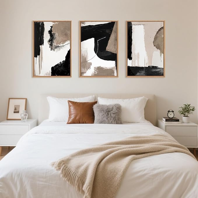 Large Modern Abstract Framed Canvas Wall Art Set, Neutral Black and Beige Color Block Wall Decor,Minimalist Pastel Tan Art Printing for Living Room,Bedroom,Office-16 x24 x3