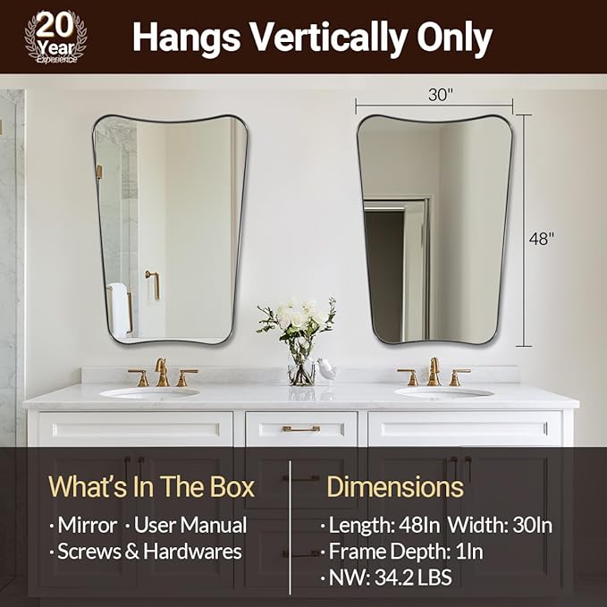 ANDY STAR 30"x48" Large Bathroom Mirror, Brushed Bronze Mirror for Over Sink, Irregular Shaped Mirror in Premium SUS304 Thin Frame, Italian Curved Frame, Ideal for Bathroom, Powder Room, Entryway