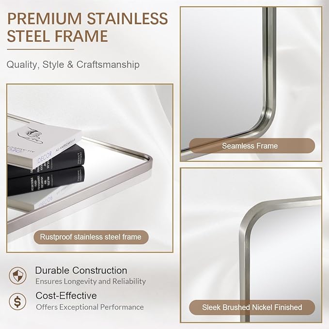 ANDY STAR 24x32 INCH Brushed Nickel Mirror, Rounded Rectangle Silver Metal Framed Mirrors for Bathroom Anti-Rust SUS304, Tube Metal Frame, 1’’ Deep Wall Mounted Vertically/Horizontal