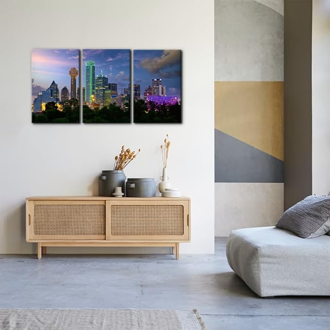 Pacimo Canvas Art Wall Decor Dallas City Skyline Pictures Landscape Painting Prints Texas Cityscape Modern Artwork Decoration for Home Decor Stretch and Framed Ready to Hang - 16"x24"x3 Panels