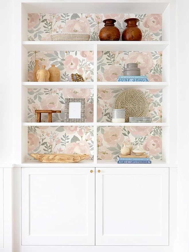 Orainege Peel and Stick Wallpaper Floral Wall Paper 17.3in x196.8in Floral Contact Paper Peony Self Adhesive Removable Wallpaper for Cabinets Walls Shelf Liner, Light Pink