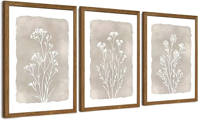 JLTULT 3 Piece Boho Beige Floral Wall Art, Minimalist Line Botanical Flower Wall Decor, Vintage Rustic Wildflower Art Prints for Living Room Bedroom Office Farmhouse decoration 12x16 in Ready to Hang