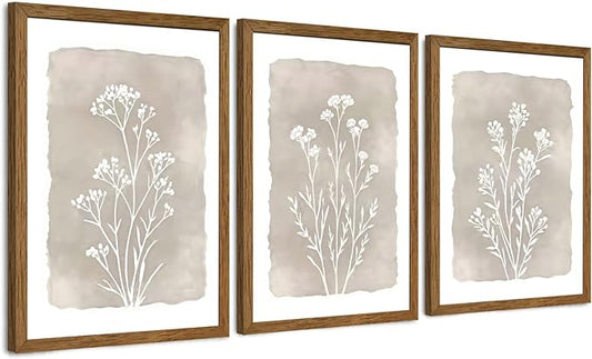 JLTULT 3 Piece Boho Beige Floral Wall Art, Minimalist Line Botanical Flower Wall Decor, Vintage Rustic Wildflower Art Prints for Living Room Bedroom Office Farmhouse decoration 12x16 in Ready to Hang
