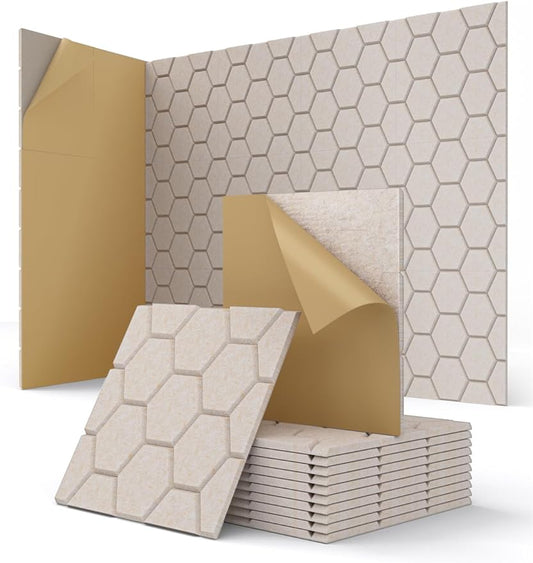 Acoustic Wall Panels Sound Absorbing, Honeycomb Self Adhesive Wall Tiles Panel, 12 Pack Decorative Hexagon Design for Studio, Home Office, Gaming Room, Acoustic Treatment, 12"x12"x0.4", Beige