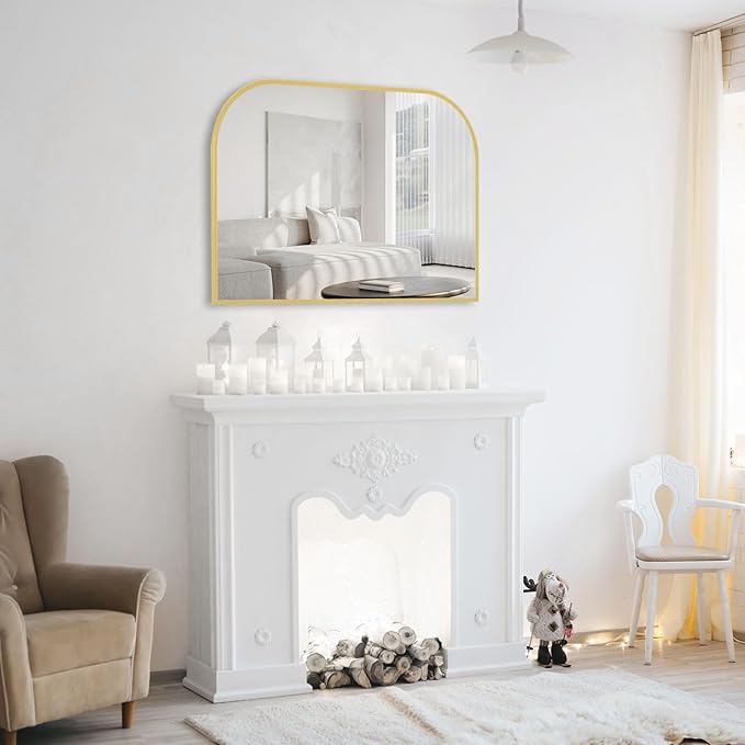 Modern Large Wall Mirror, Modern Mantel Minimalist Home Decor, Brushed Gold Metal Framed Arched Mirror for Living Room, Bedroom, Fireplace, Mantle, Entryway, Bathroom, 36" x 24", Gold
