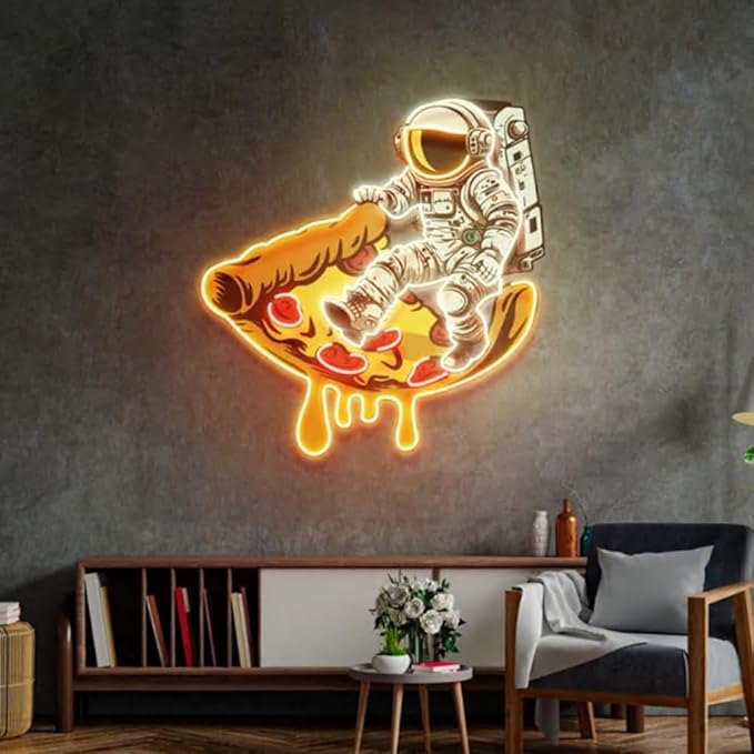 Astronaut on Pizza Neon Sign: Custom Business Logo LED Wall Art Size:20inch