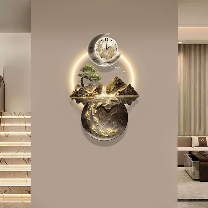 LED Light Art Wall Decor, 3D Art Wall Decor Clock, Decors Walls Sculptures with Lights, Modern Home Decors Landscape Walls Sculpture, Plug-in Power Supply, Gold E, 19x39IN