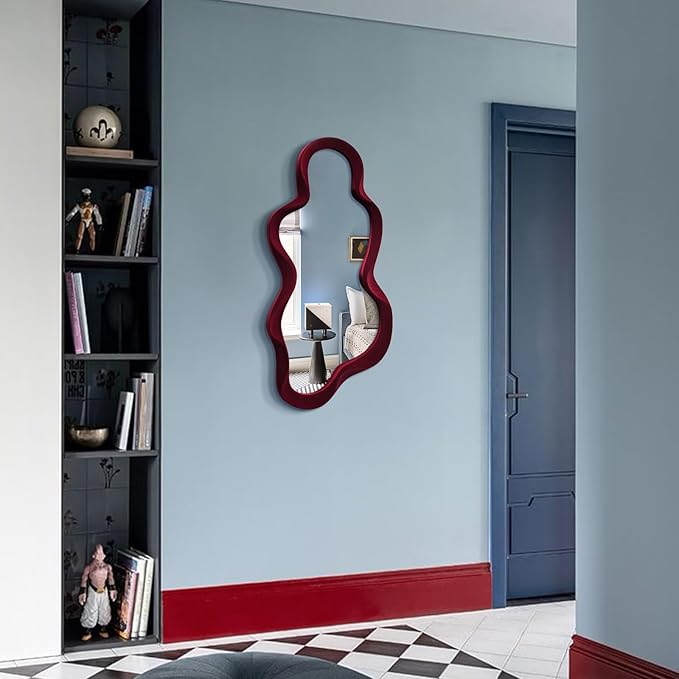 Mirror Wall Decor for Vintage Living Room Bedroom, 13.8x29.7 Asymmetrical Decorative Mirror for Entryway Porch Staircase, Retro Modern Hanging Wall Art Gift for Christmas Wedding (Wine Red)