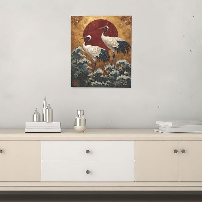 Japanese Crane Wall Art Gold Oriental Asian Wall Decor Sandhill Crane Canvas Pictures Paintings Prints Japan Traditional Aesthetic Artwork Framed Chinese Decorations For Bedroom Living Room Office Gifts 20" x 24"