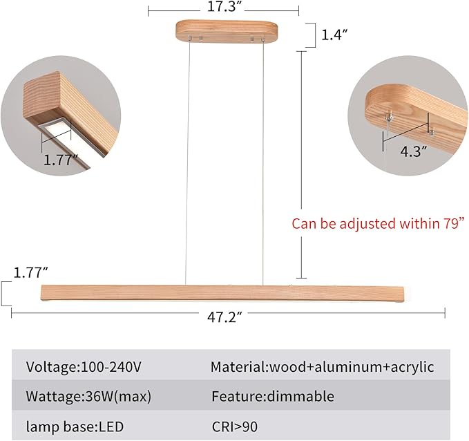 47" 36W 1-Light Wooden Led Linear Pendant Light Dimmable Led Chandelier Ceiling Hanging Light Fixtures Modern Chandeliers for Dining Room Kitchen Island Pool Table Lights Natural