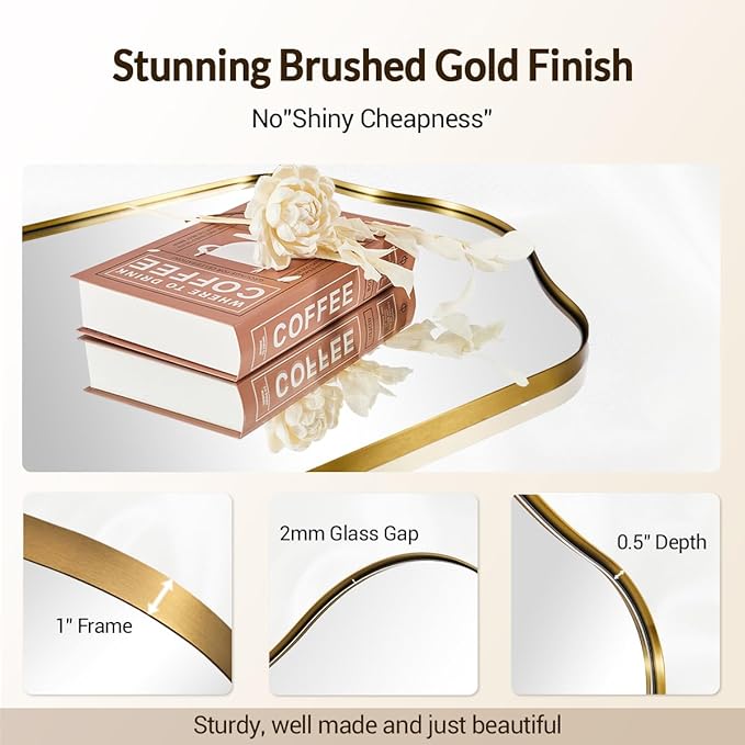 ANDY STAR Brass Scalloped Arched Wall Mirror, 20x30 Brushed Gold Irregular Bathroom Mirror with Curved Design for Vanity, Powder Room, Fireplace, Mantel, Stainless Steel Frame, Anti-Rust