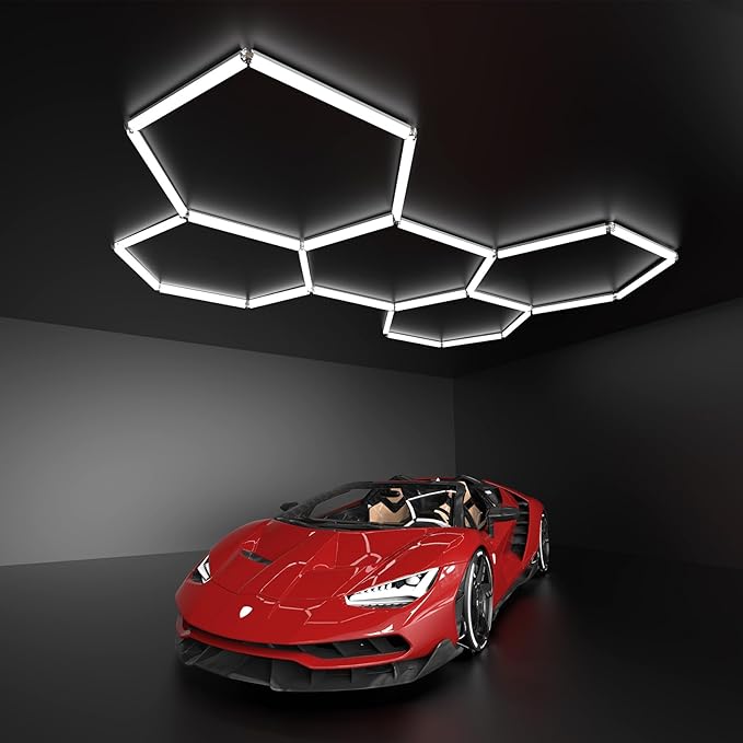 Modern Hexagon LED Garage Light Fixture, 192W 21000LM 25 Pack Honeycomb Ceiling Light for Garage, Basement, Gaming Room, Warehouse, Gym, 5 Hexagon