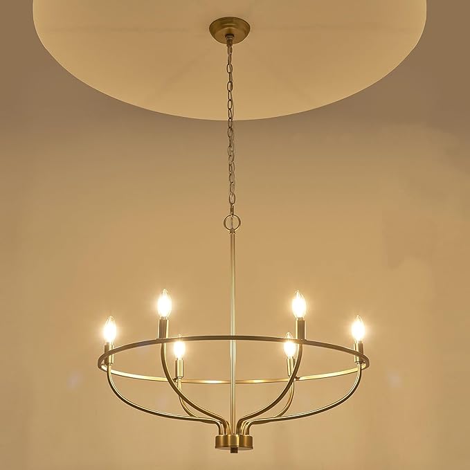 6 Light Gold Chandelier, Brushed Gold Light Fixture Dining Table Candle Brass Chandelier Lighting for Bedroom Hallway Entryway Living Room Kitchen 29in Brushed Brass Chandeliers