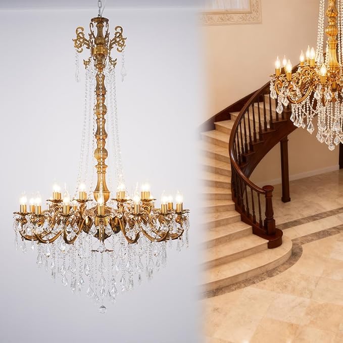 Antique Crystal Chandelier Gold Bronze Candle Pendant Ceiling Light Fixture with K9 Crystals for Hotel, Grand Entryway Living Room Antique Brass Finish (39"-24 Lights)