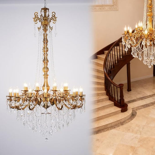Antique Crystal Chandelier Gold Bronze Candle Pendant Ceiling Light Fixture with K9 Crystals for Hotel, Grand Entryway Living Room Antique Brass Finish (39"-24 Lights)