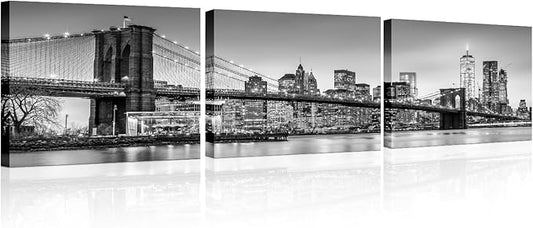 Canvas Wall Art Print New York Cityscape Wall Art for Bedroom Brooklyn Bridge Panorama Wall Decor Art Paintings City Reflection Modern Giclee Artwork for Office Home Decor Ready to Hang 12x48 Inch