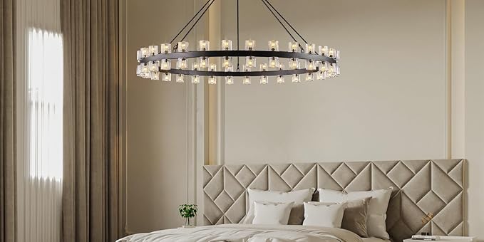 60 Inch Black Wagon Wheel Chandelier with Crystal Shade, 60 Lights, Modern Farmhouse Style, Ideal for Dining Room, Kitchen, Entryways