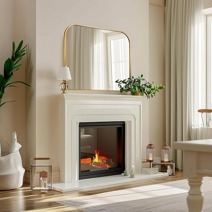 ANDY STAR 36x30'' Brushed Brass Arched Mirror, Modern Arched Mantel Rectangular Mirror Rounded Corner for Fireplace, Bathroom, Powder Room in 1 inch Anti-Rust SUS304 Tube Metal Frame Wall Mounted