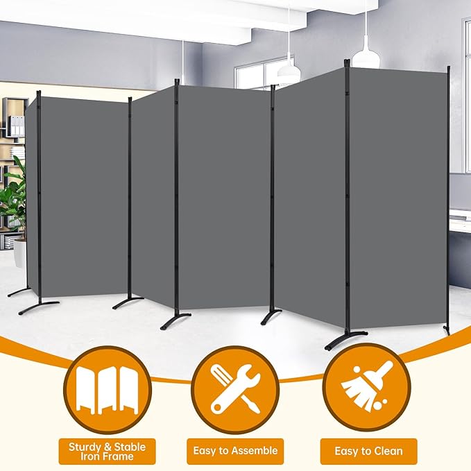 6 Panel Folding Privacy Screens, 6 FT Tall Wall Divider with Metal Frame, Freestanding Room Divider for Office Bedroom Study (6 Panel, Grey)