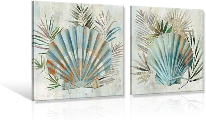 JAPO ART Turquoise Shell by PI Creative Art Modern Canvas seashells Wall Pictures Vintage Giclee Print on Canvas Stretched Living Room Bedroom 20 x 20 inch x 2 pcs