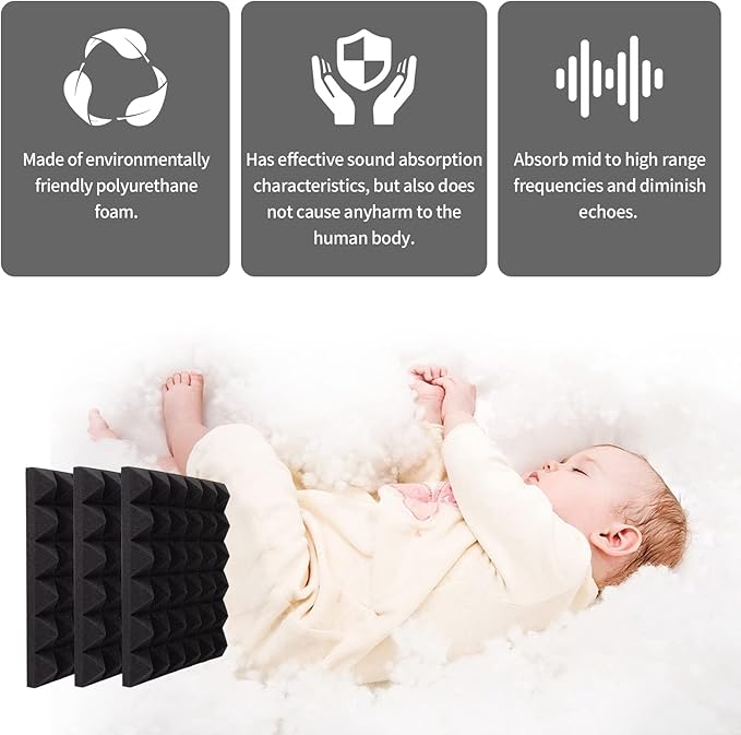 Musfunny Sound Proof Foam Panels, 12 Pcs 2" x 12" x 12" Acoustic Foam Panels Sound Absorbing Wall Panels for Studio Recording Office Home Studio (Black)