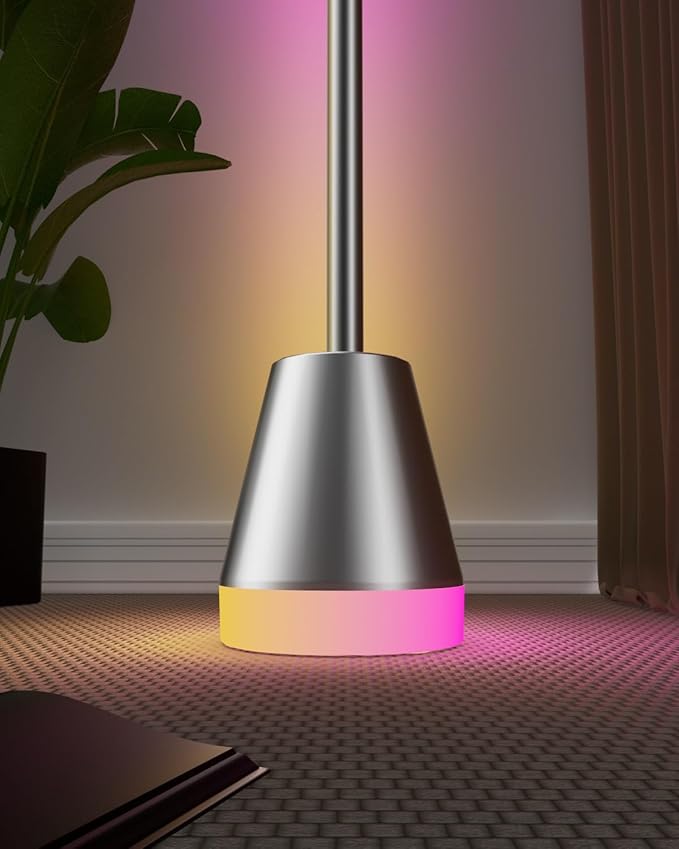 Keepsmile Smart RGB LED Corner Floor Lamp, Bright Standing Lamps for Living Room with APP and Remote,Modern Floor Lamp with Music Sync and 16 Million Colors, Ambient Light for Bedroom Silver