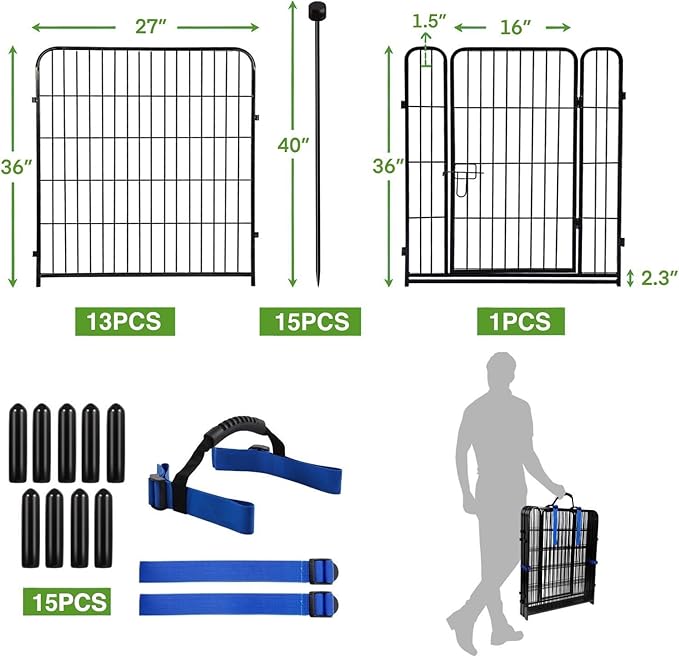 ADAVIN Garden Fencing 36 inch High, 14 Panels Total 31 Ft(L), Animal Barrier Fence, Wide gate Low Threshold, Yard Fence for Dogs, Black Metal Garden Fences and Borders, Outdoor Rabbit Fence
