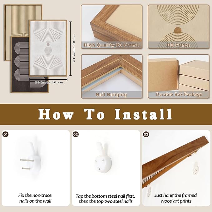 Anyzal Neutral Modern Wall Art Geometric Line Artwork for Living Room Bedroom Office 16x24 Inch Set of 3