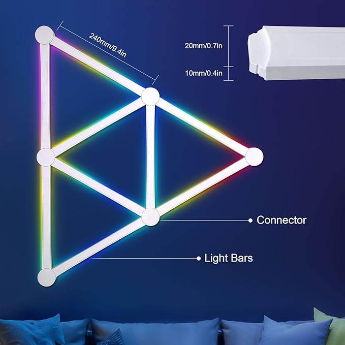 AGM Smart Wall Light Lines, 9 RGB LED PRO Light Bars, 16M+ Color, Music Sync, Dimmable WiFi Hexagon Light Lines for Bedroom, Living Room, Gaming, Party, Home Decor, Work with Alexa & Google Assistant