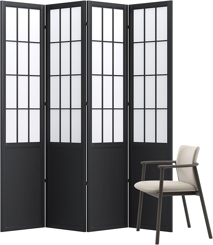 5.6FT Room Divider and Folding Portable Partition Screen, Chinese Japanese Shoji Style for Room Separation - 4 Panel (Black)