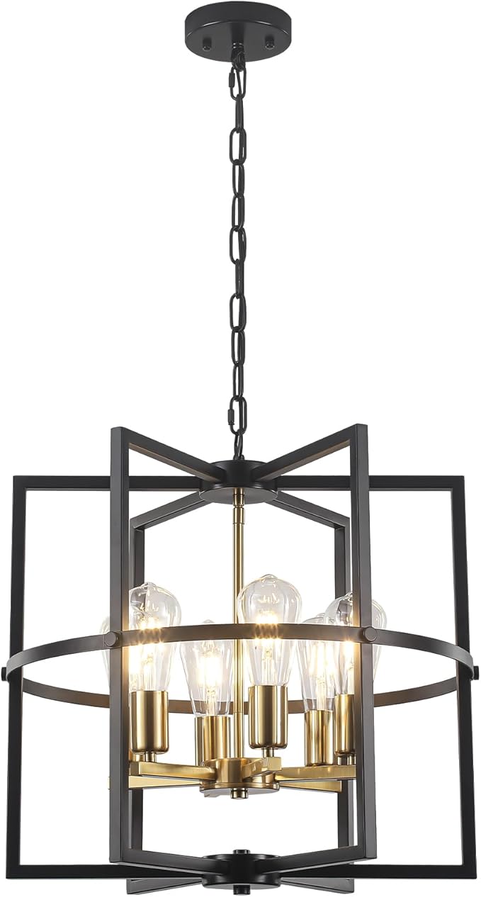 19'' Black and Gold Farmhouse Chandelier, Modern Rustic Pendant Light with Industrial for Dining Room, Kitchen Island, Entryway, Hallway