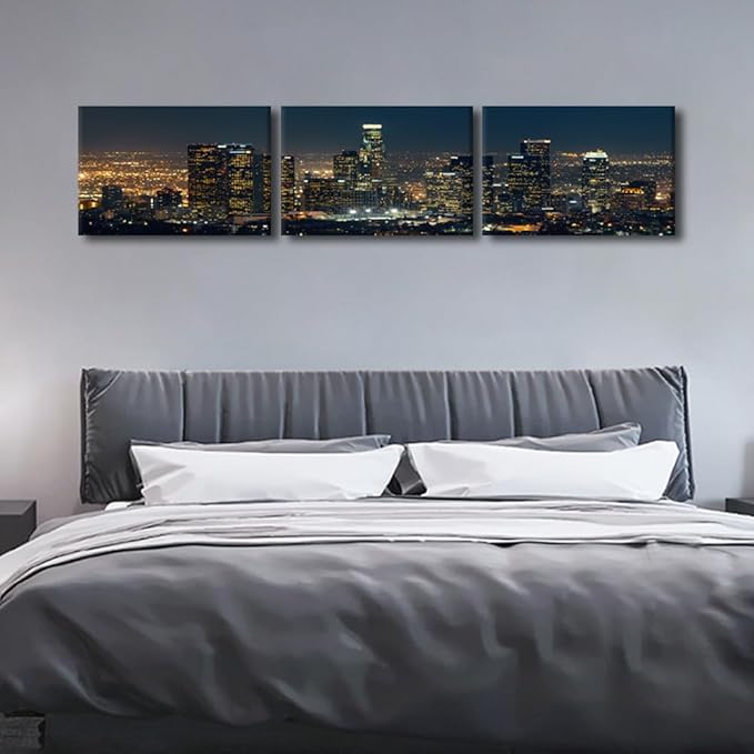 City Skyline Wall Art Cityscape Paintings Modern Decor Los Skyscrapers Night Scene Picture on Canvas for Home Decor Skyline at Dusk Landscape of City Night View Artwork for Living Room 16x72 Inch