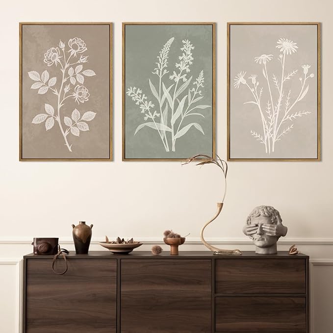Anyzal Neutral Botanical Wall Art Boho Plant Artwork Farmhouse Floral Painting for Living Room Bedroom Dining Room 16x24 Inch Set of 3