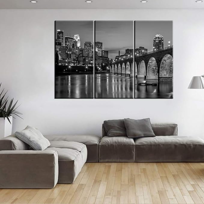 Canvas Print Wall Art Painting for Home Decor Black and White Minneapolis Skyline Night Buildings Cityscape Coastline Paintings Artwork Pictures City Pictures Photo Prints On Canvas 40‘’x20‘’x3pcs