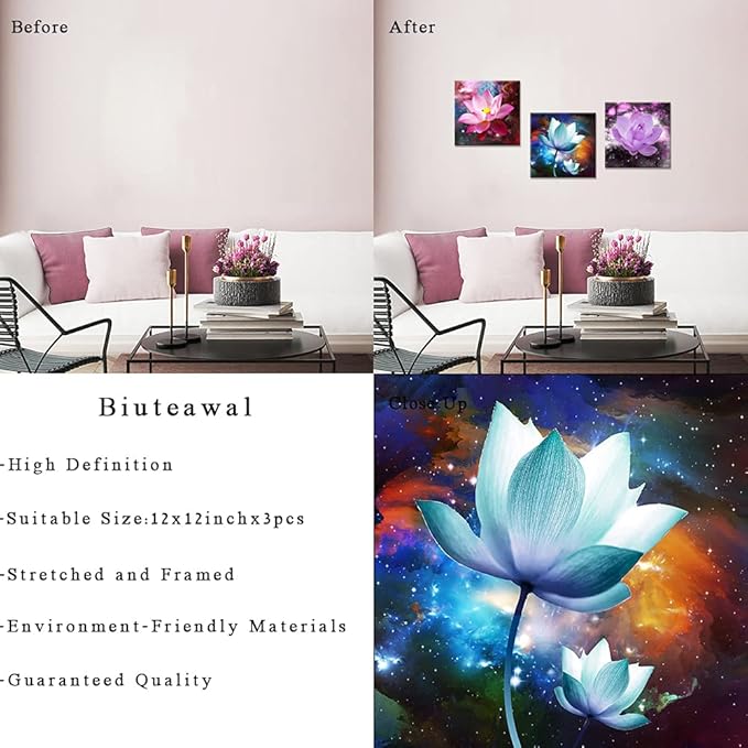 Biuteawal 3 Panels Flowers Wall Art Blooming Lotus Water Lily Picture Elegant Pink Blue Purple Floral Painting Canvas Print Framed Modern Home Bedroom Living Room Decor Ready to Hang
