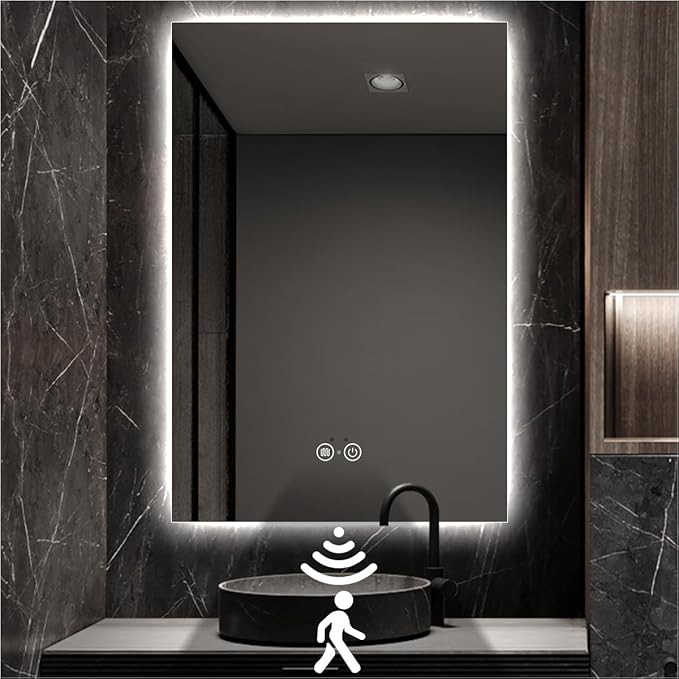 Backlit LED Bathroom Mirror, Infrared Motion Sensor Vanity Mirror with 3-Color Lights, Stepless Dimmable Wall Lighted Mirror with Anti-Fog, Memory, Rectangular (36" L x 24" W)