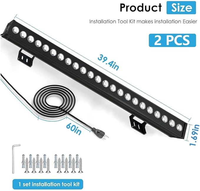 2-Pack nanzgecc 72W Outdoor Wall Washer Lights, 40IN 5000K Daylight White LED Wall Washer Light Bar, 120V Waterproof IP67 Outdoor LED Light Bar for Outdoors, Plug and Play