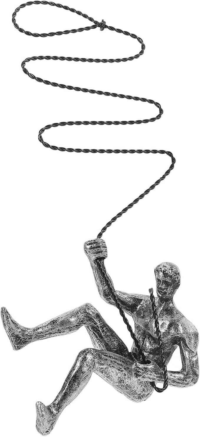 OSOLADY Vintage Resin Man Figurine Wall Sculpture Industrial Style Climbing Man Wall Hanging Decor for Living Bar Tv Background Artistic in Silver Right Hand