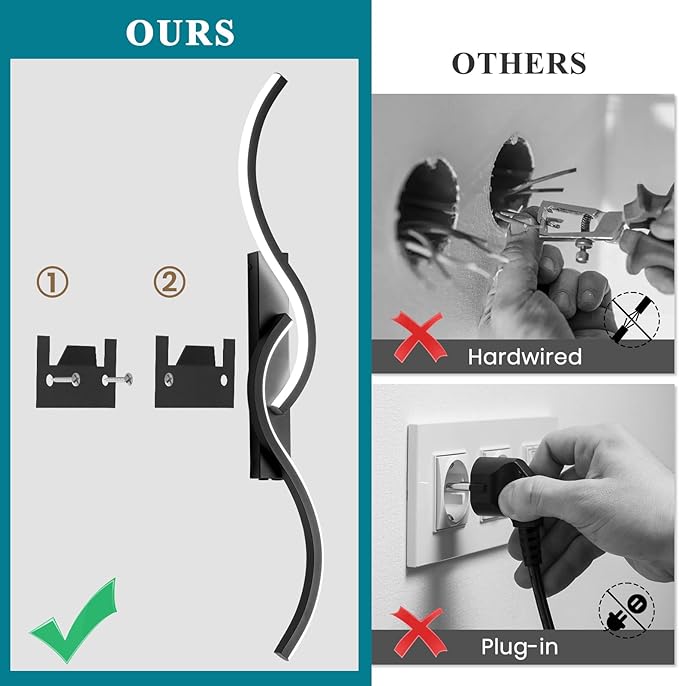 Battery Operated Wall Sconces, Rechargeable Wall Sconces, 3000K-6500K LED Wireless Wall Light, Modern Wall Lamp not Hardwired for Living Room Bedroom Hallway (Black)