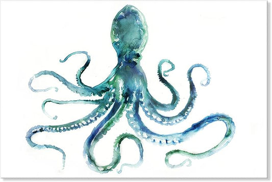 Blue Octopus Canvas Wall Art by Edward Selkirk Coastal Wall Decor Nautical Ocean Animal Watercolor Marine life Sea Picture Framed Large Size Artwork for Living Room Bedroom Home Decoration 48x32 Inch