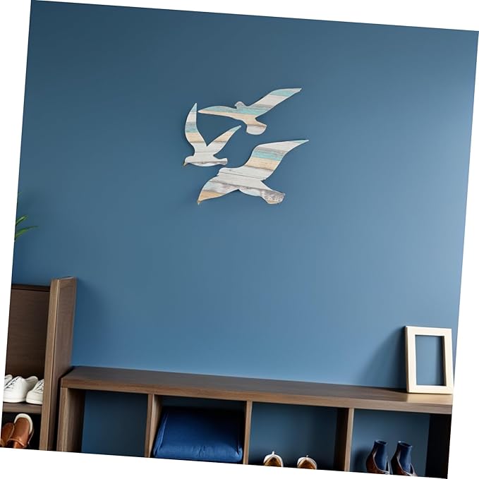 MUCKLILY 6pcs Wooden Seagull Wall Art Coastal Beach Decor Nautical Ocean-themed Wall Sculpture for Living Bedroom Easy DIY Installation Mediterranean Style