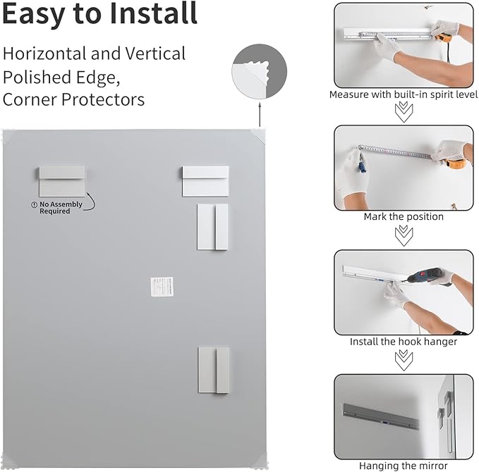 Mirrorons Beveled Mirror, Bathroom Mirrors 48" x 30", Frameless Rectangle Bathroom Mirror with Beveled Edge, Hangs Horizontally or Vertically. Upgraded Shatterproof Mirror