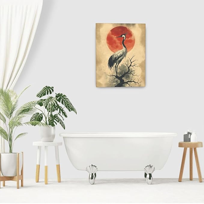 Japanese Crane Wall Art Oriental Asian Wall Decor Sandhill Crane Canvas Pictures Paintings Prints Japan Traditional Aesthetic Artwork Framed Chinese Decorations For Bedroom Living Room Office Gifts 16" x 20"